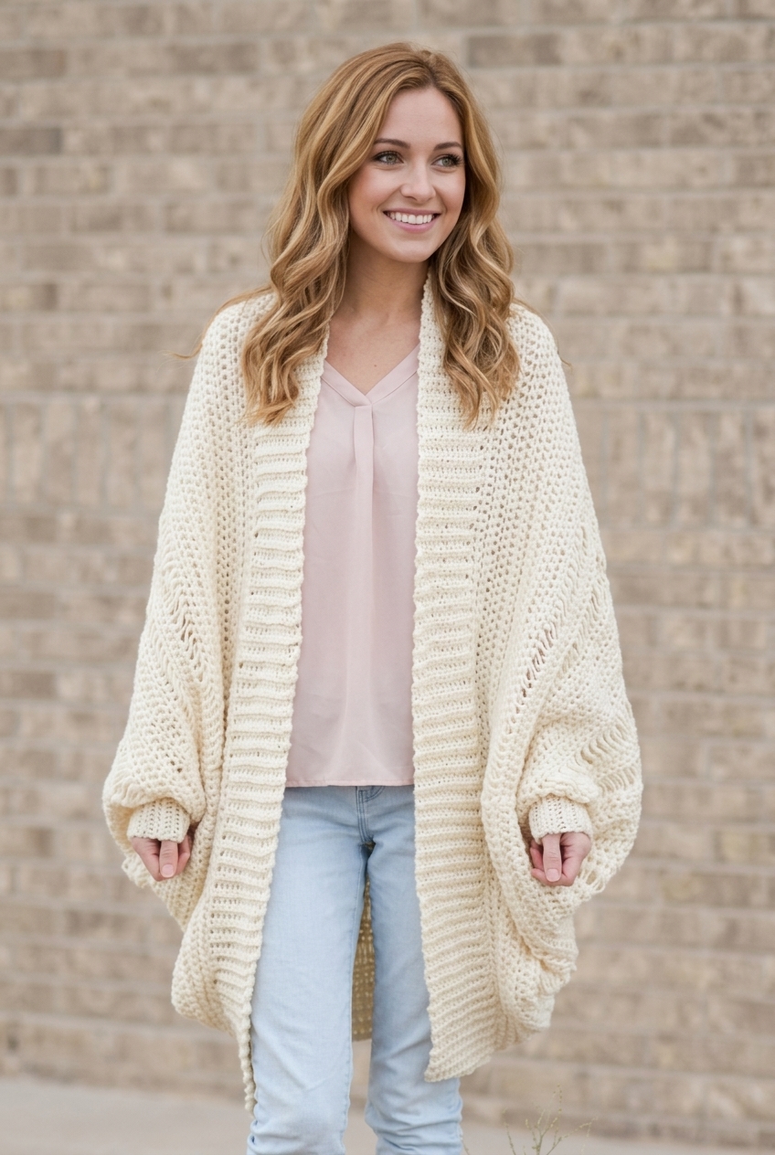Cream white Pretty Drop Stitch cocoon cardigan with ribbed lapel