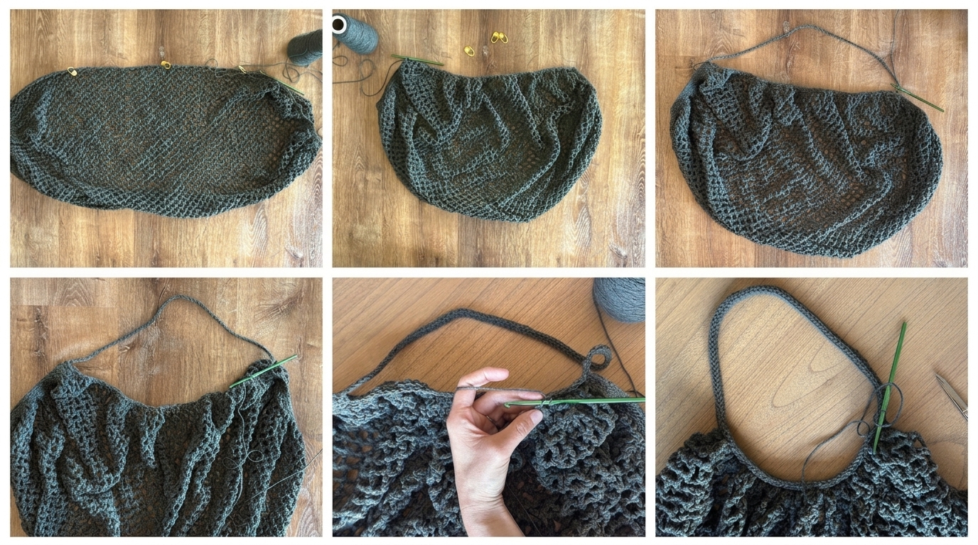 Step by step collage showing how to gather the side edge and crochet Handle 1 in the round