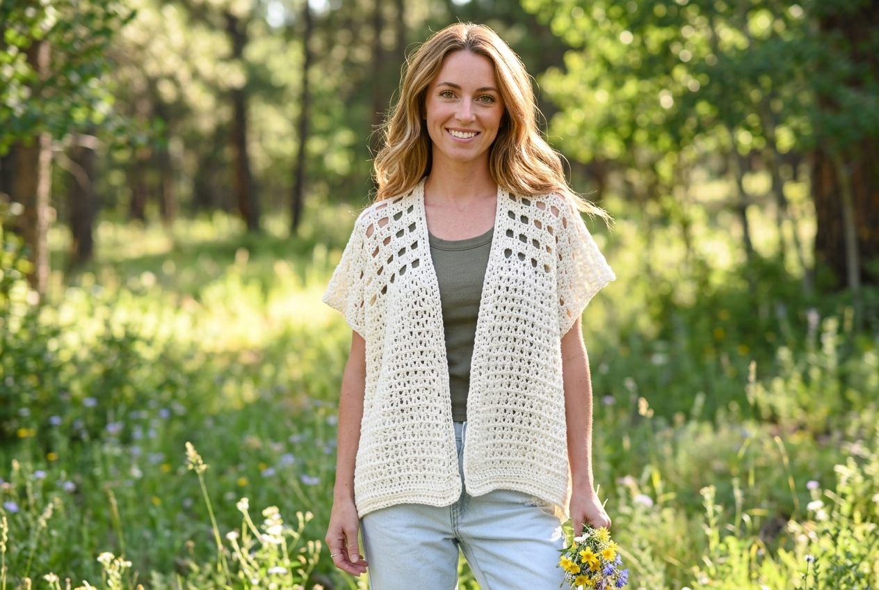 Cream white airy Summer Fun short sleeve cardigan from our crochet cardigan patterns