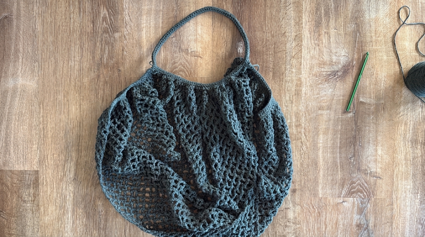 Completed first rolled handle on the mesh market crochet bag