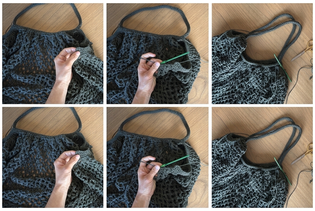 Attaching yarn and crocheting the second matching handle on the opposite side