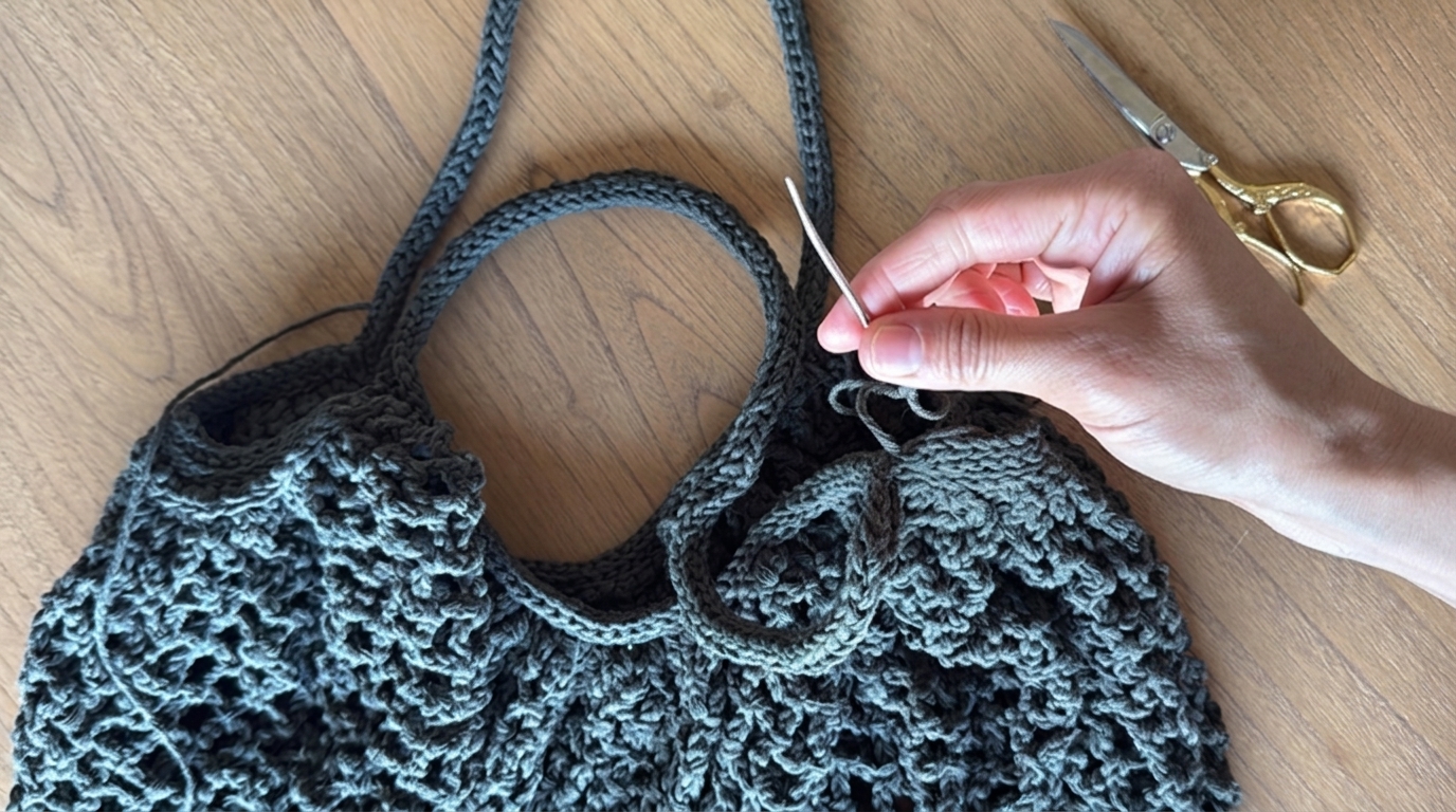 Weaving in the final yarn tails with a large eye tapestry needle