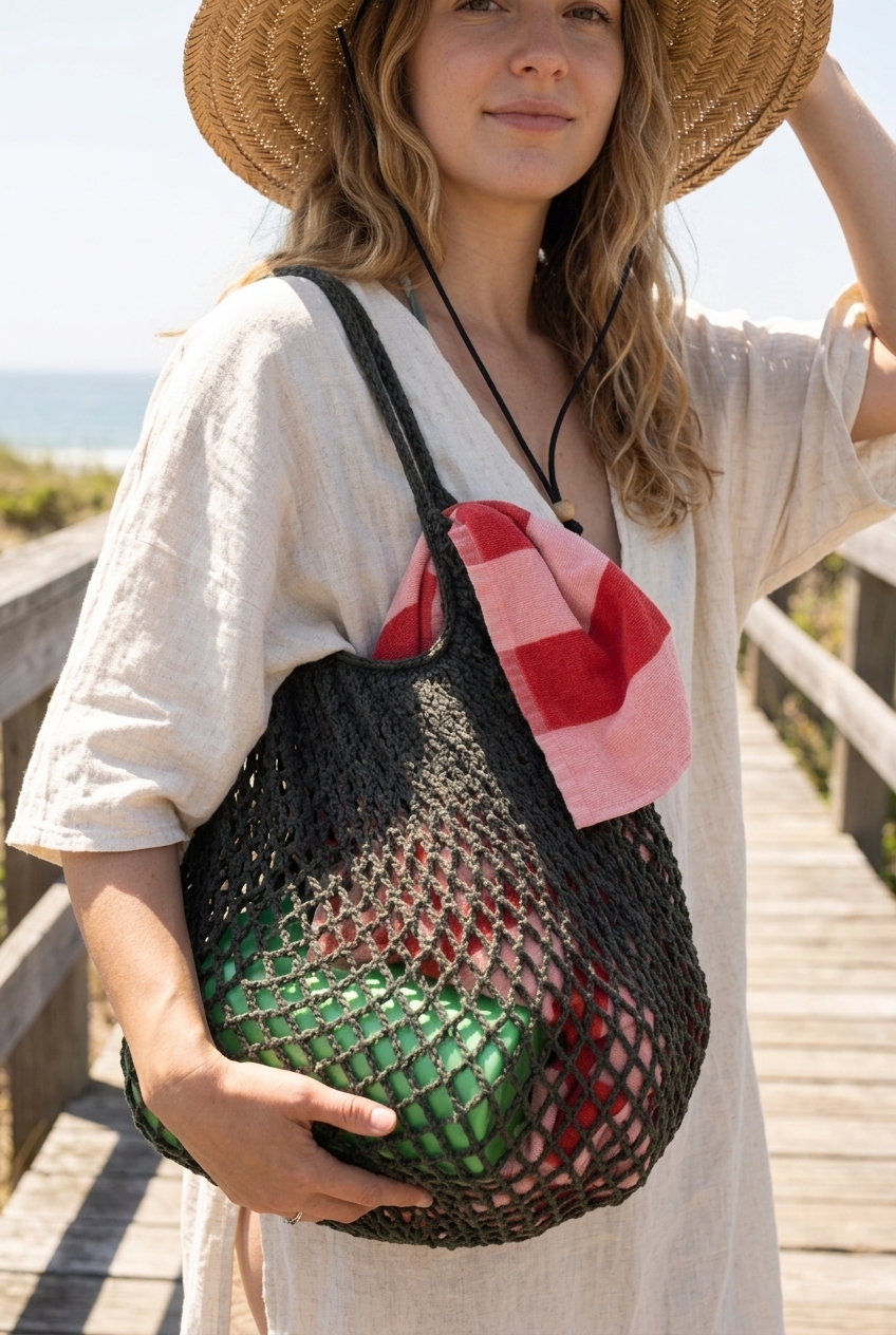 Colorful striped beach towels packed inside the mesh market crochet bag