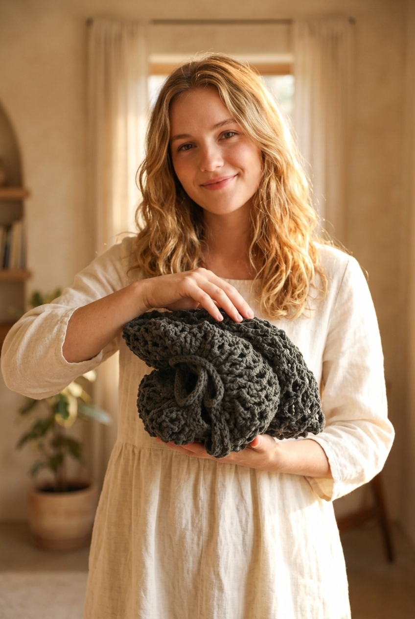 Mesh market crochet bag folded into a neat compact square on a wooden surface
