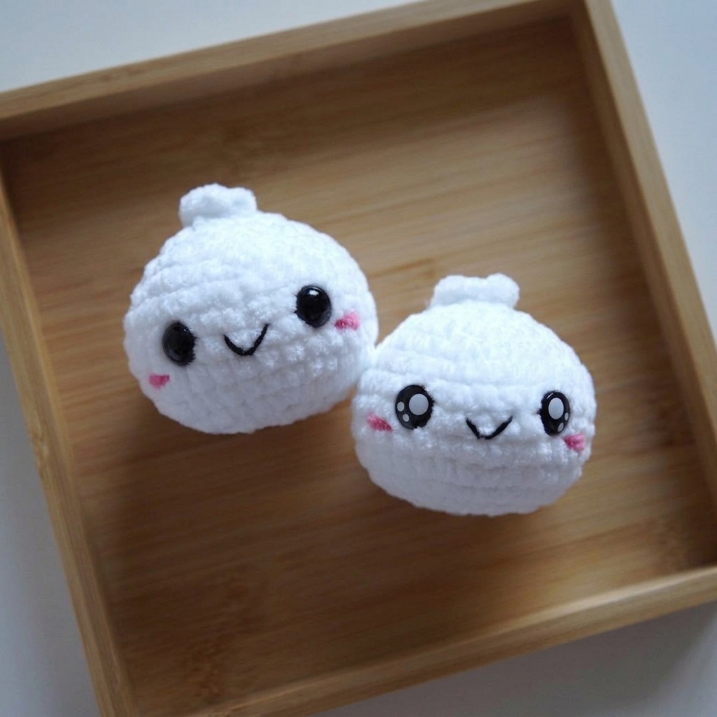 Two plush white bao buns made from this crochet dumpling pattern comparing solid black and kawaii 12mm safety eyes