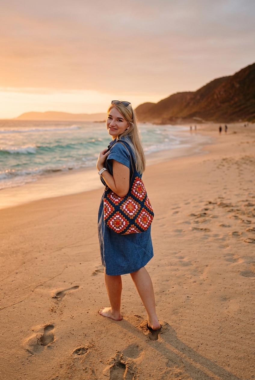 Woman walking on a sunny beach carrying a blue granny square tote bag