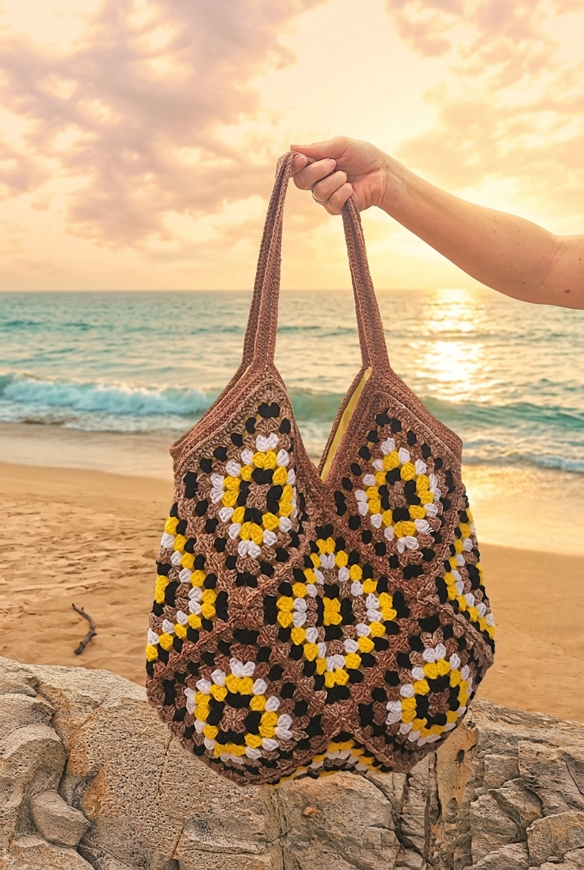 Granny square tote bag in brown, yellow, white, and black yarn on a craft table