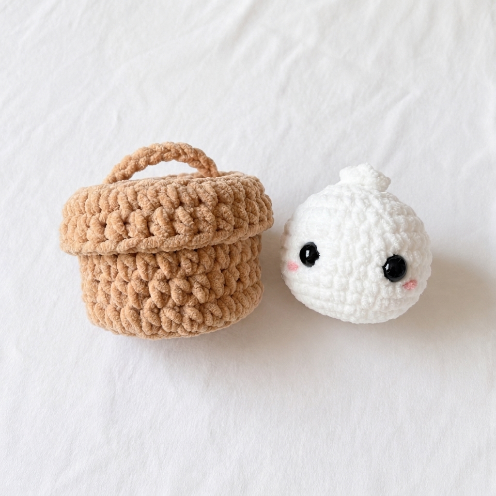 Crochet dumpling pattern and brown chenille steamer basket with lid sitting side by side