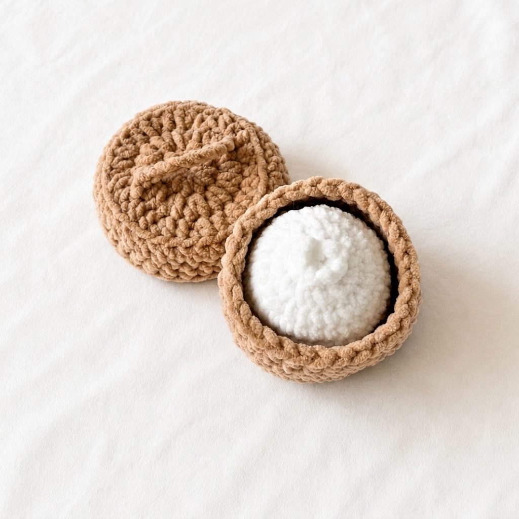 Overhead view of a white chenille crochet dumpling pattern resting inside an open brown steamer basket