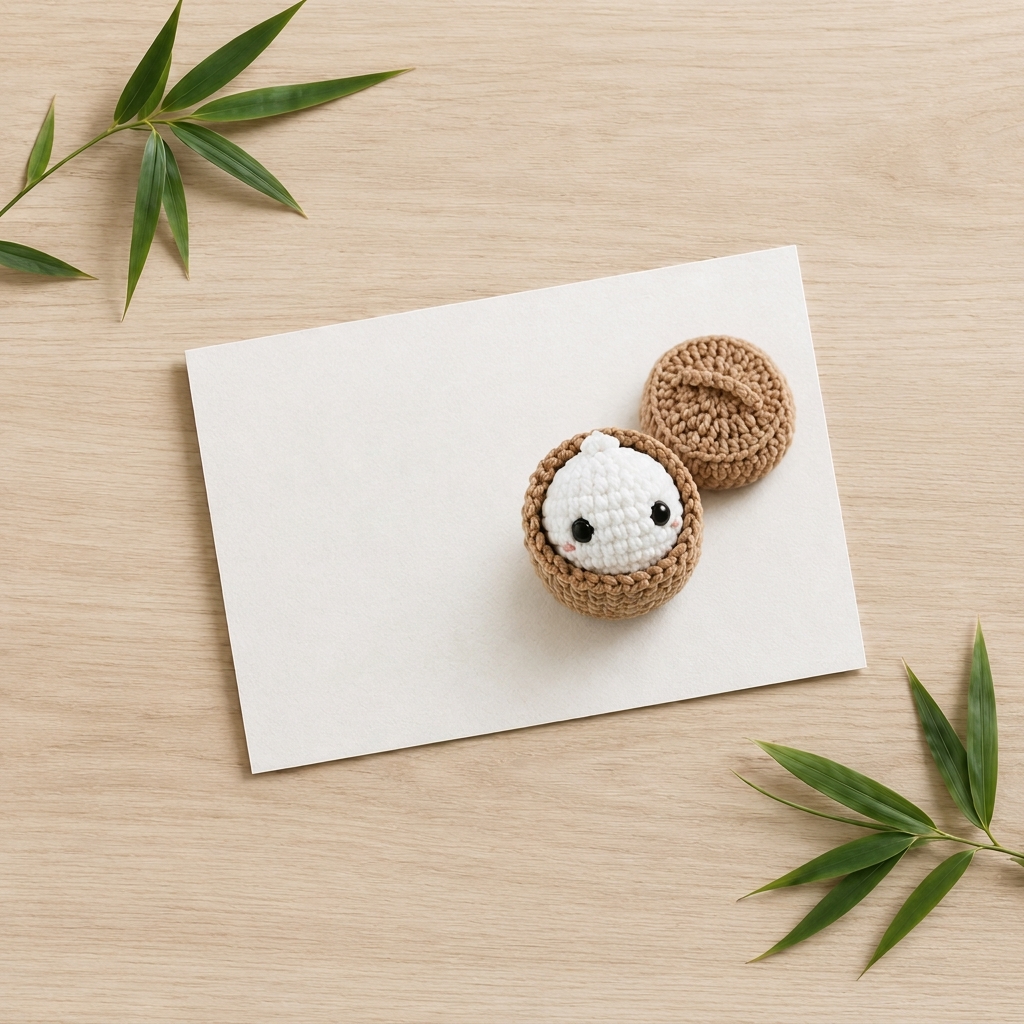 Flat-lay of the crochet dumpling pattern and steamer basket on a blank textured card surrounded by green bamboo leaves