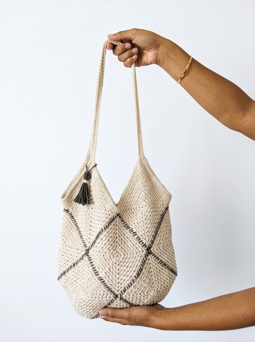 Hands holding the cream moss stitch crochet granny square bag showing the charcoal diagonal whipstitch seams and tassel.