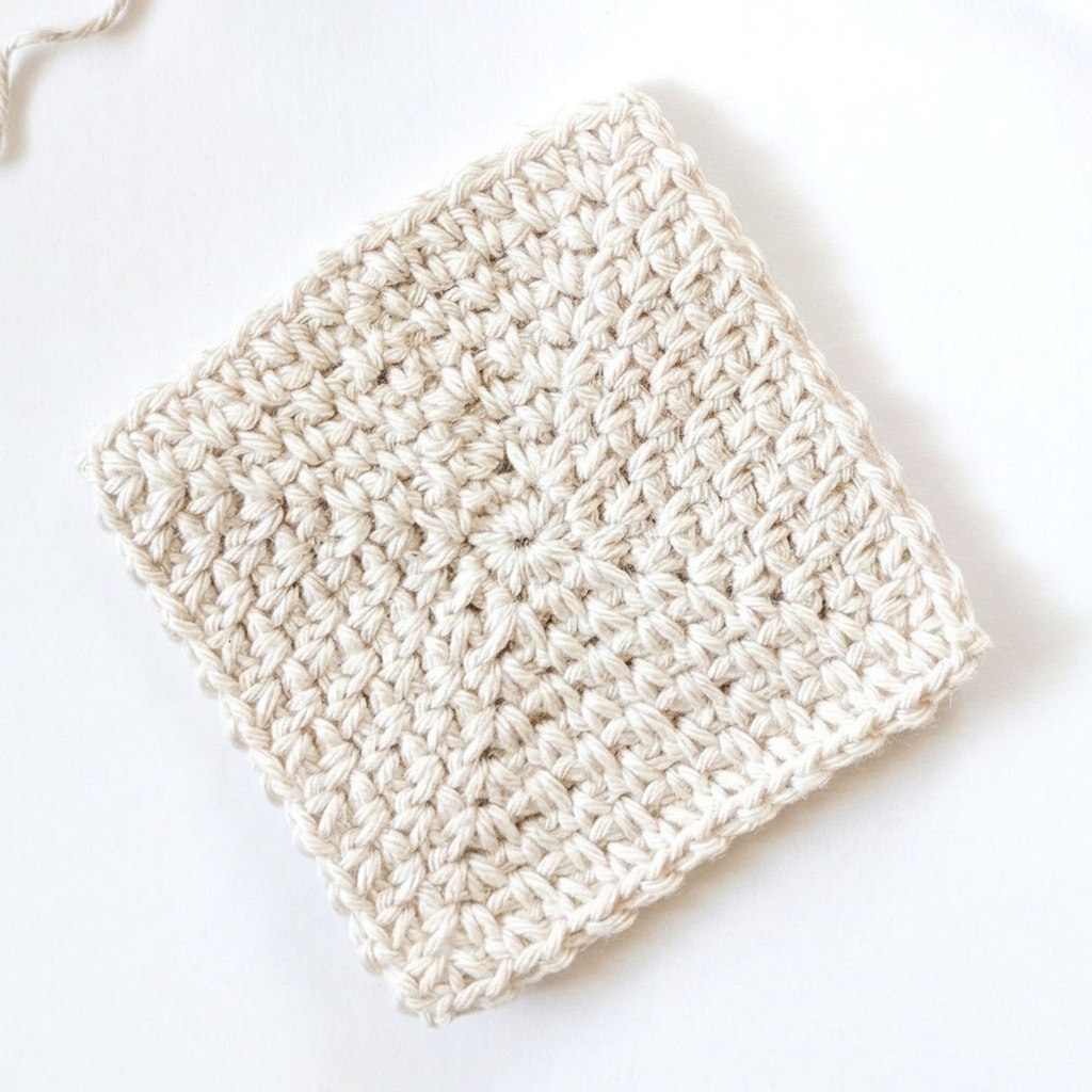 Close-up overhead view of a single finished 8-round moss stitch granny square in cream cotton yarn.