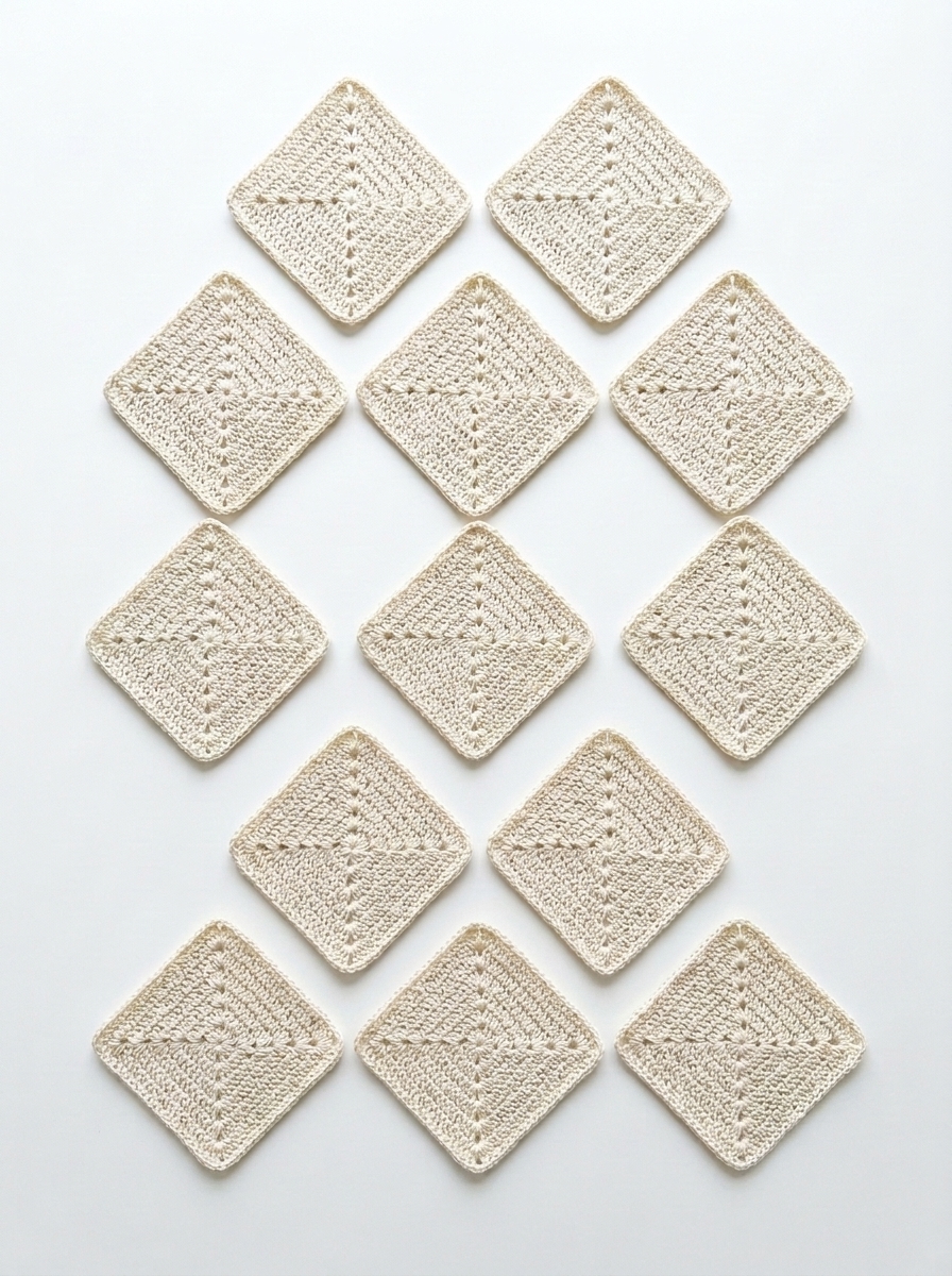 Flat-lay arrangement of 13 cream moss stitch crochet granny squares positioned on point as diamonds for assembly.