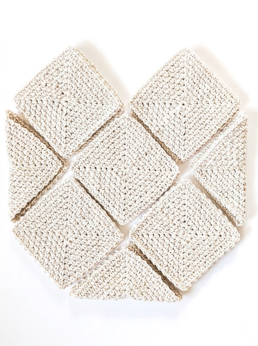 Overhead preview of the moss stitch crochet granny squares with the outer side and bottom squares folded into triangles.
