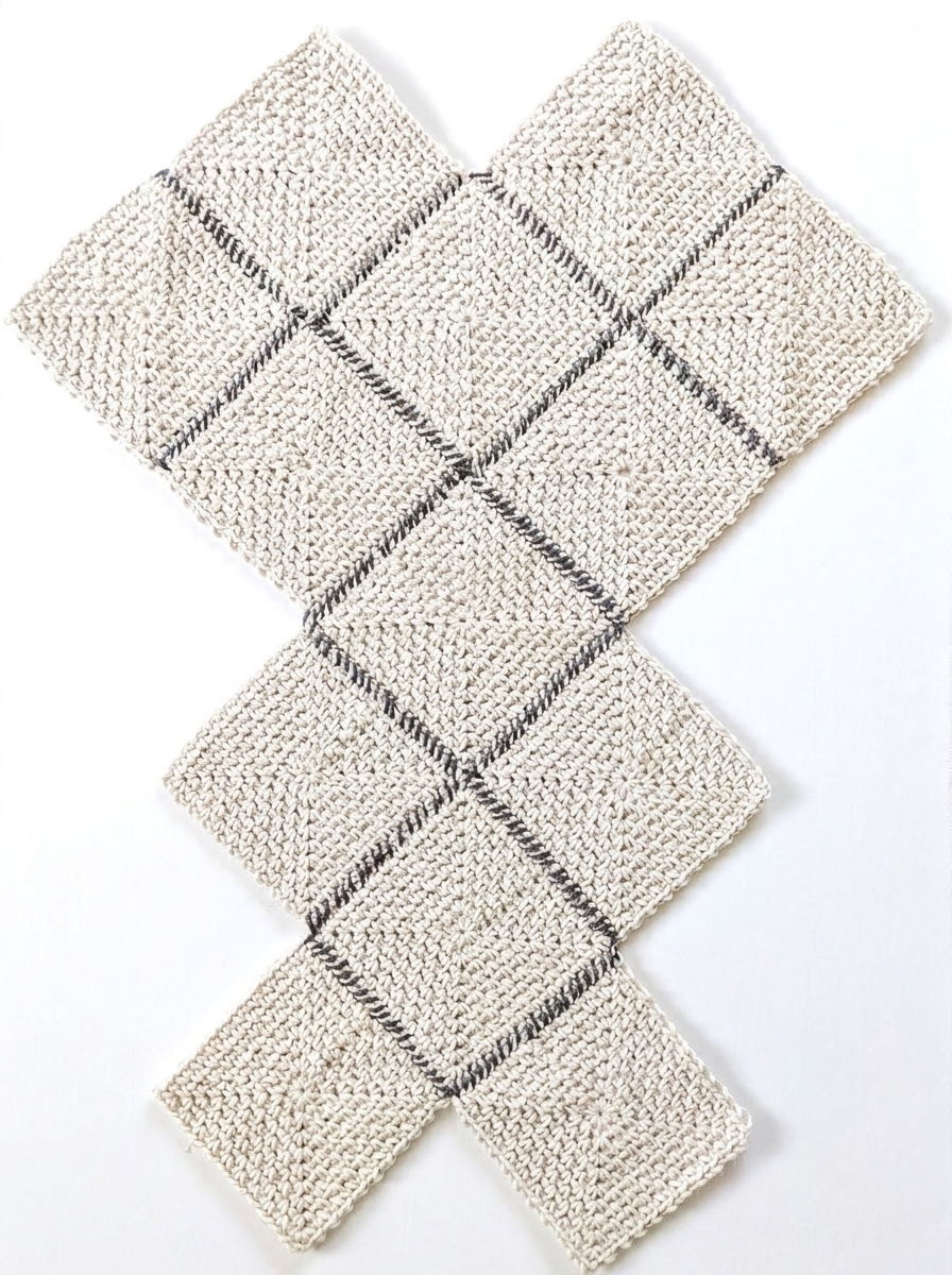 All 13 cream moss stitch squares joined flat with dark charcoal diagonal whipstitch seams before folding.