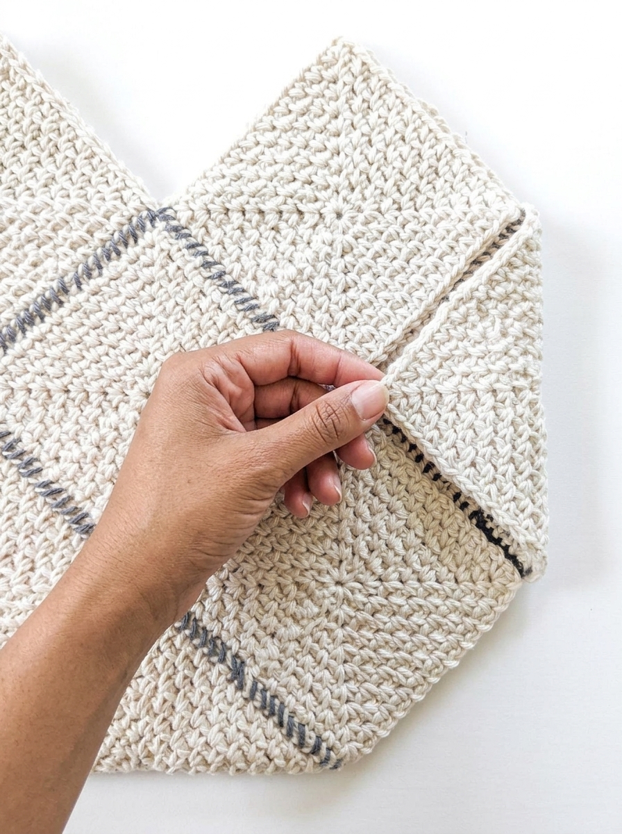 Crafter hand folding the side triangle square of the crochet granny square bag to align the side seams.