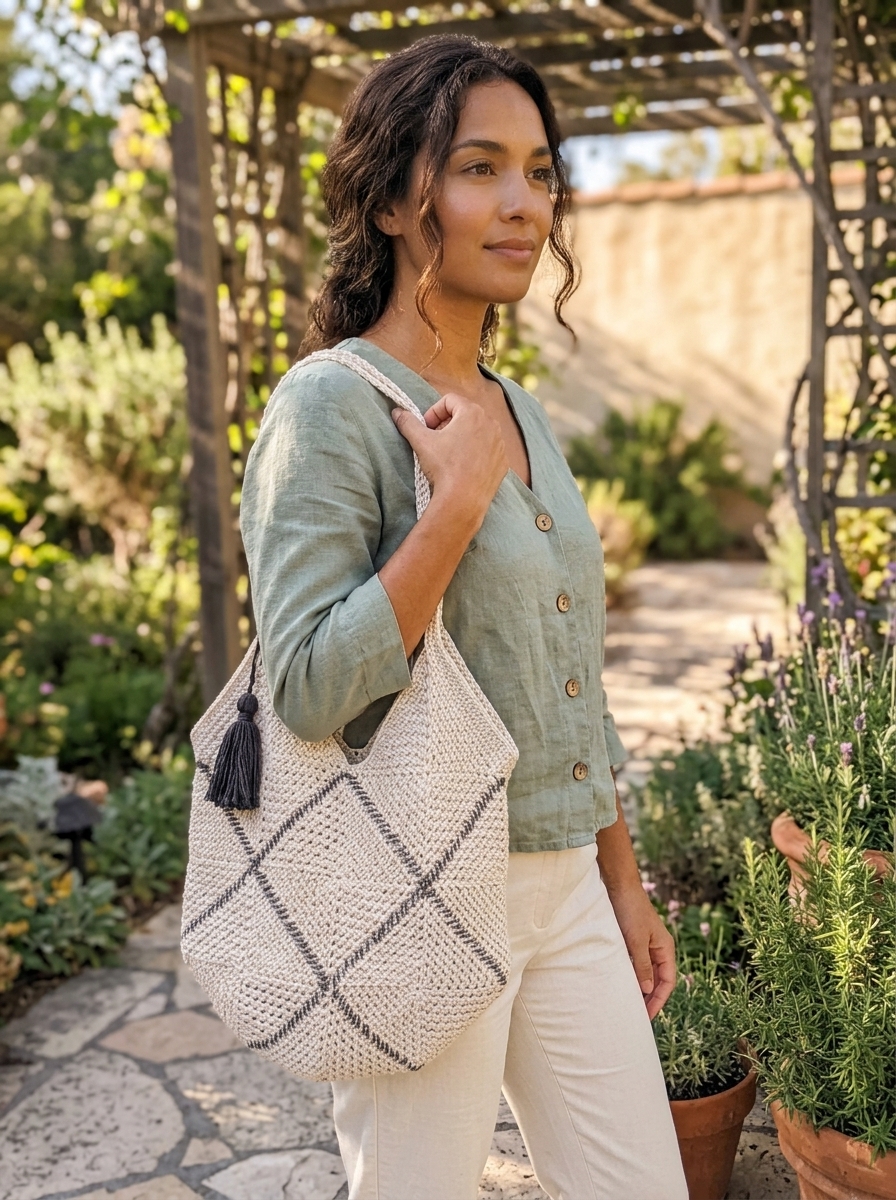 Woman wearing the finished cream and charcoal crochet granny square bag over her shoulder outdoors.