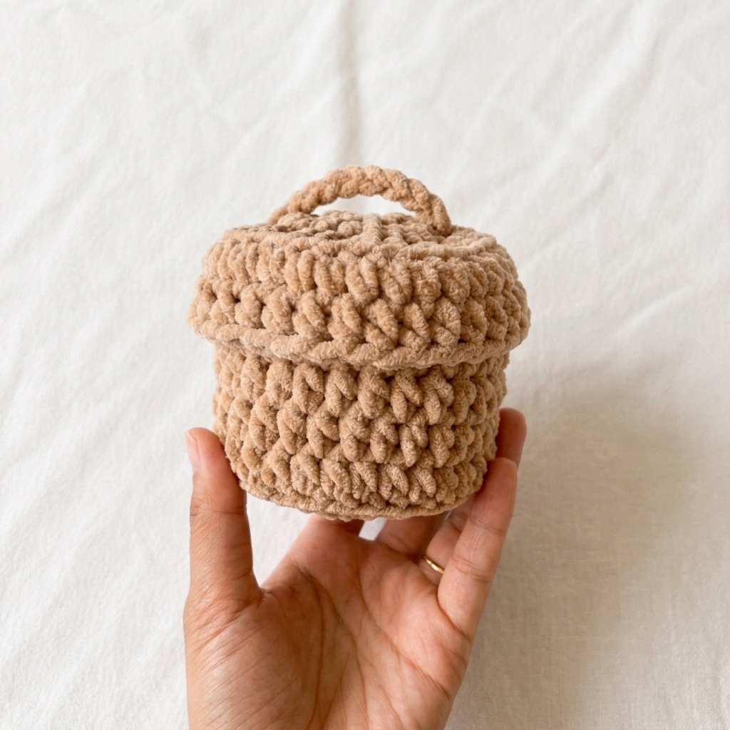 Hand holding the completed brown chenille steamer basket with fitted lid and crocheted top handle