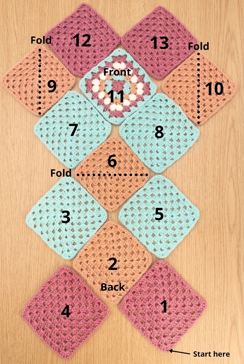 13 granny squares numbered 1 to 13 arranged flat to form a granny square tote bag
