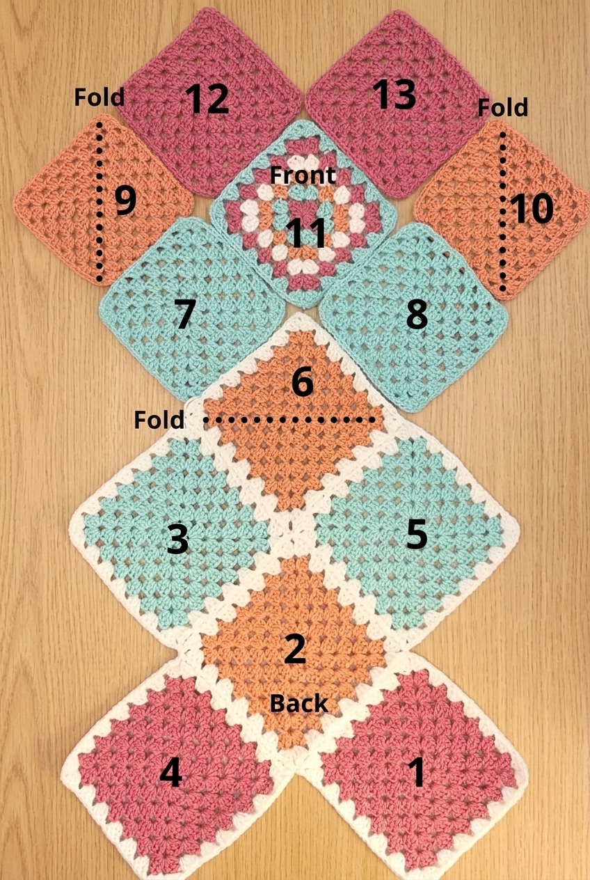 Connecting granny squares 1 to 6 for the back panel of the granny square tote bag