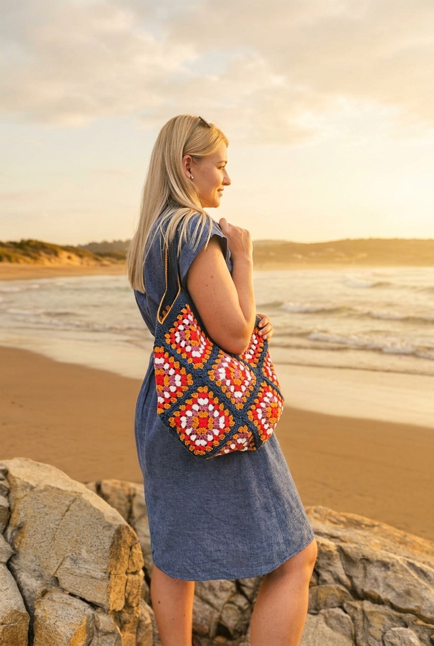 Granny square tote bag held on a sunny beach by the ocean