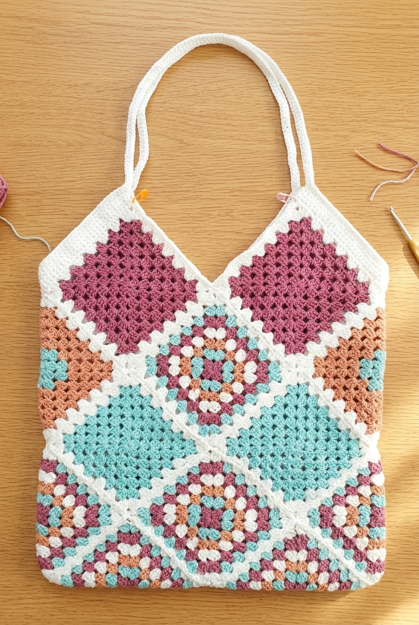 Completed crochet shoulder straps on the finished granny square tote bag