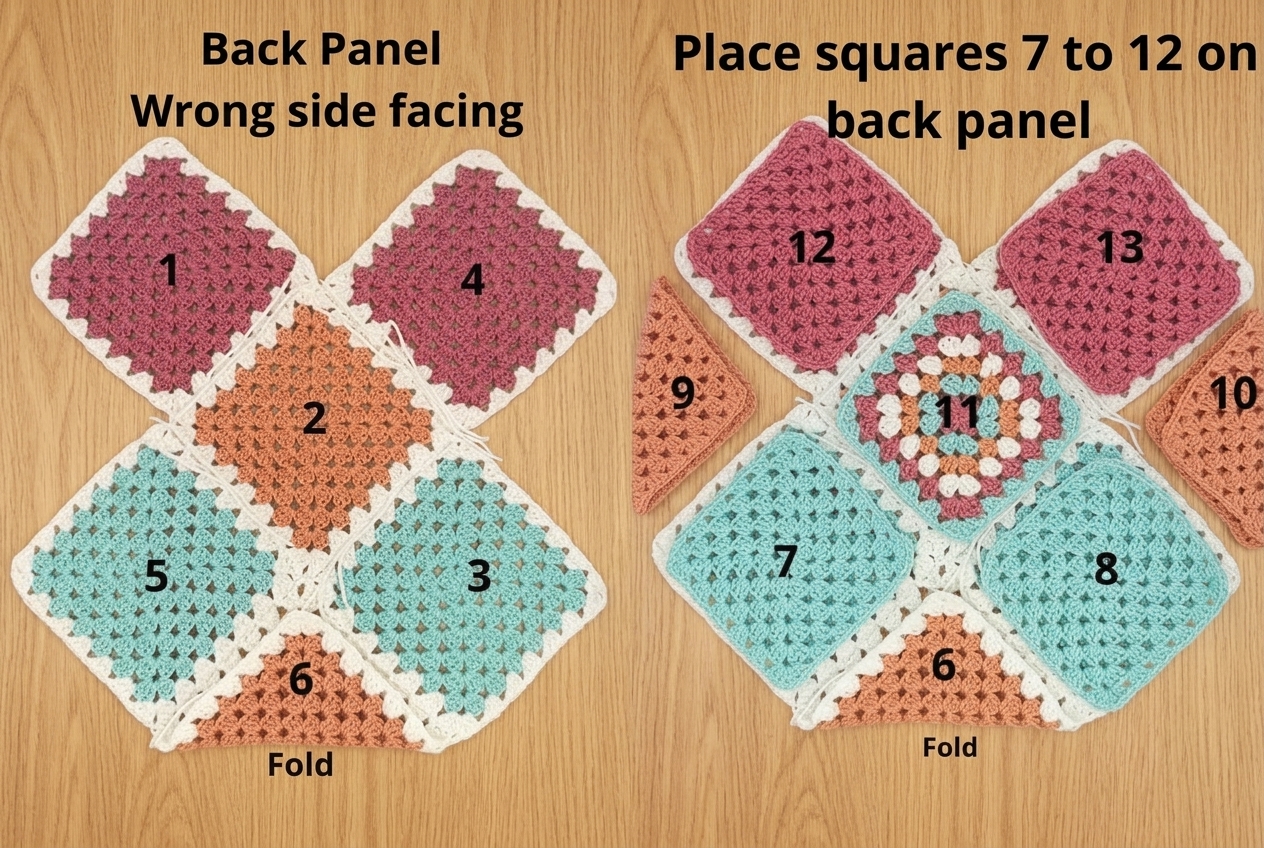 Step-by-step collage showing how to fold Square 6 and join Squares 7 and 8