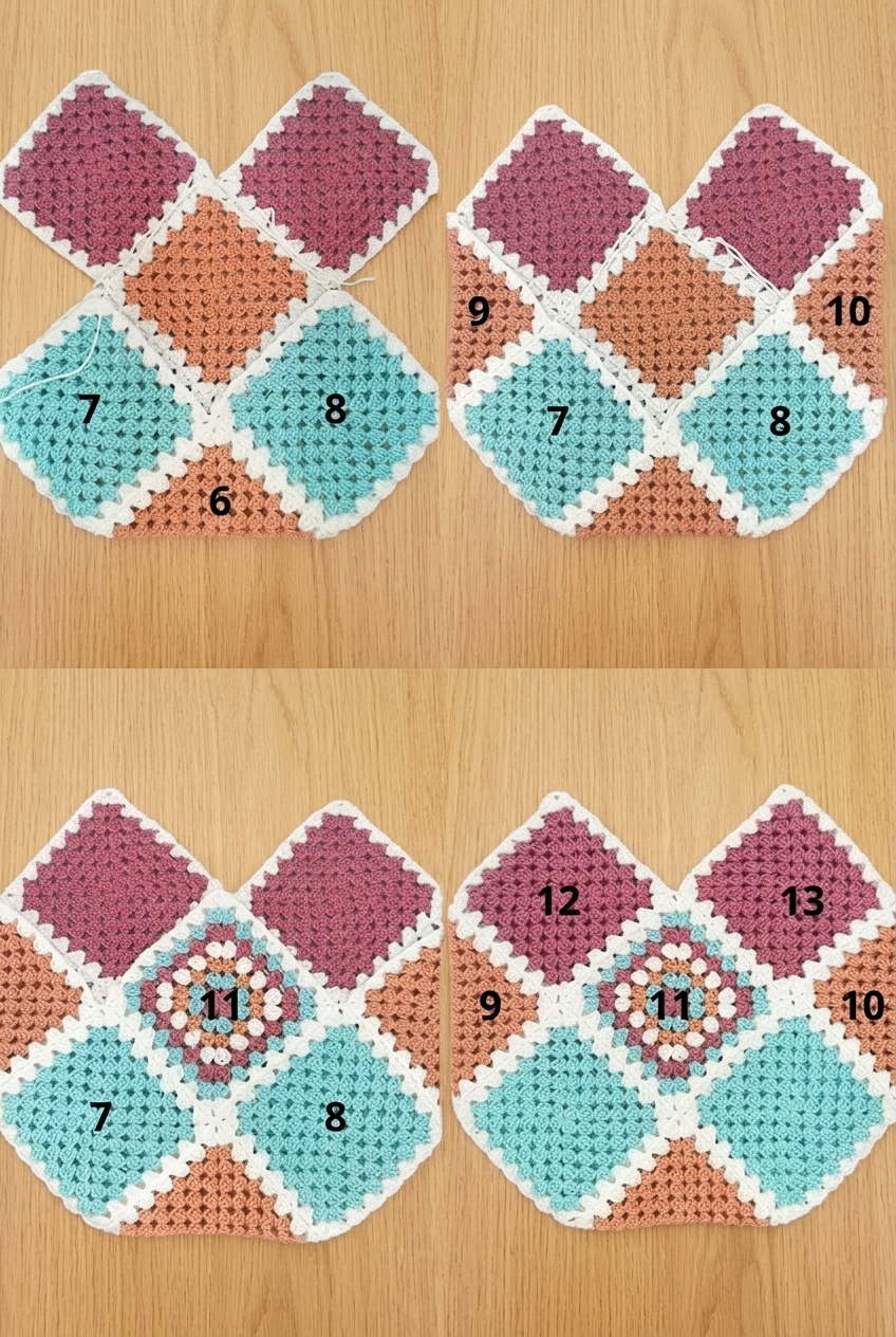 Step-by-step collage showing joining Squares 9, 10, 11, 12, and 13 to finish the bag body