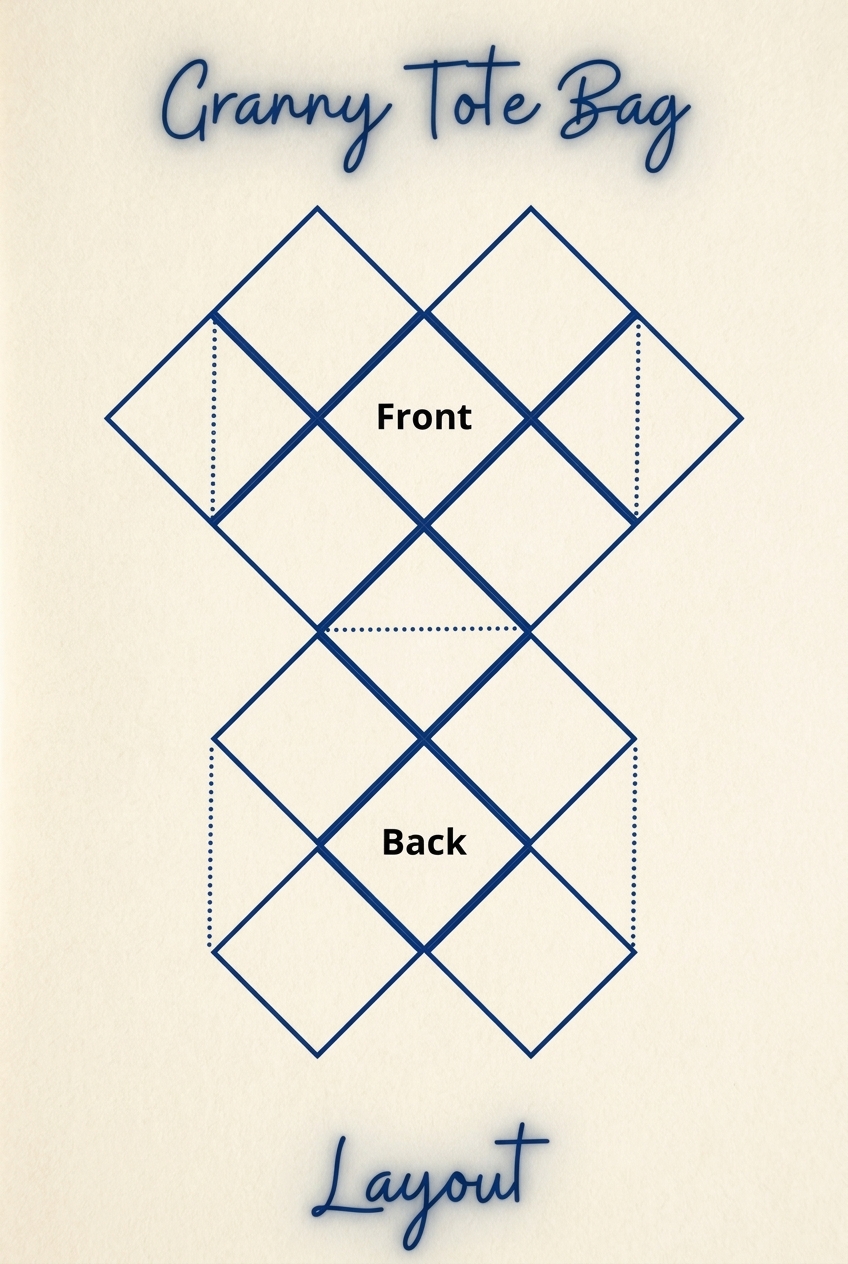 Granny square tote bag 13-square layout diagram showing front, back, and fold lines