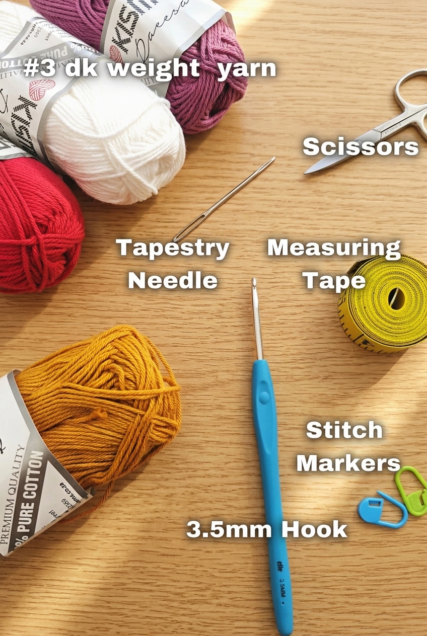 Materials needed for the granny square tote bag crochet pattern including cotton yarn and 3.5mm hook