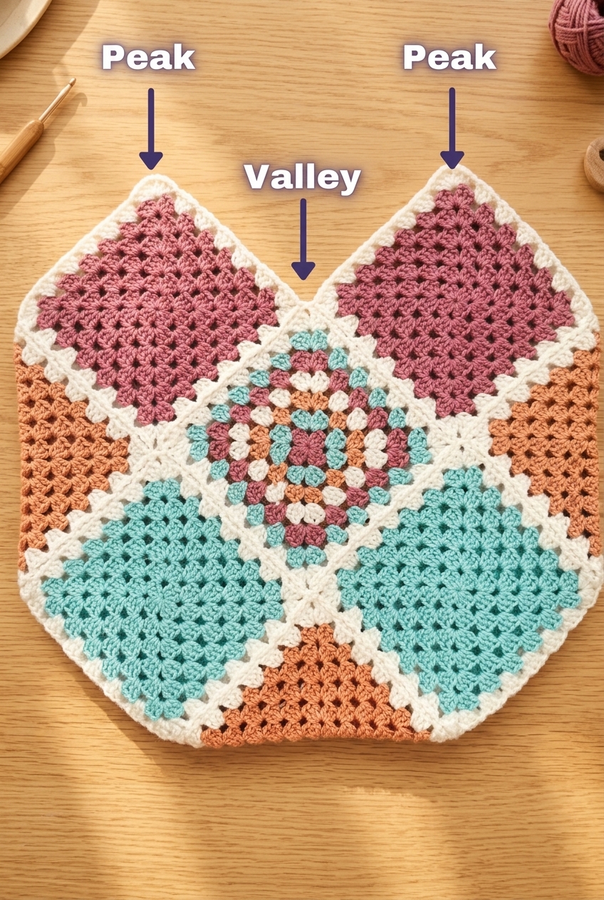 Diagram showing the top peaks and middle valley on the granny square tote bag opening