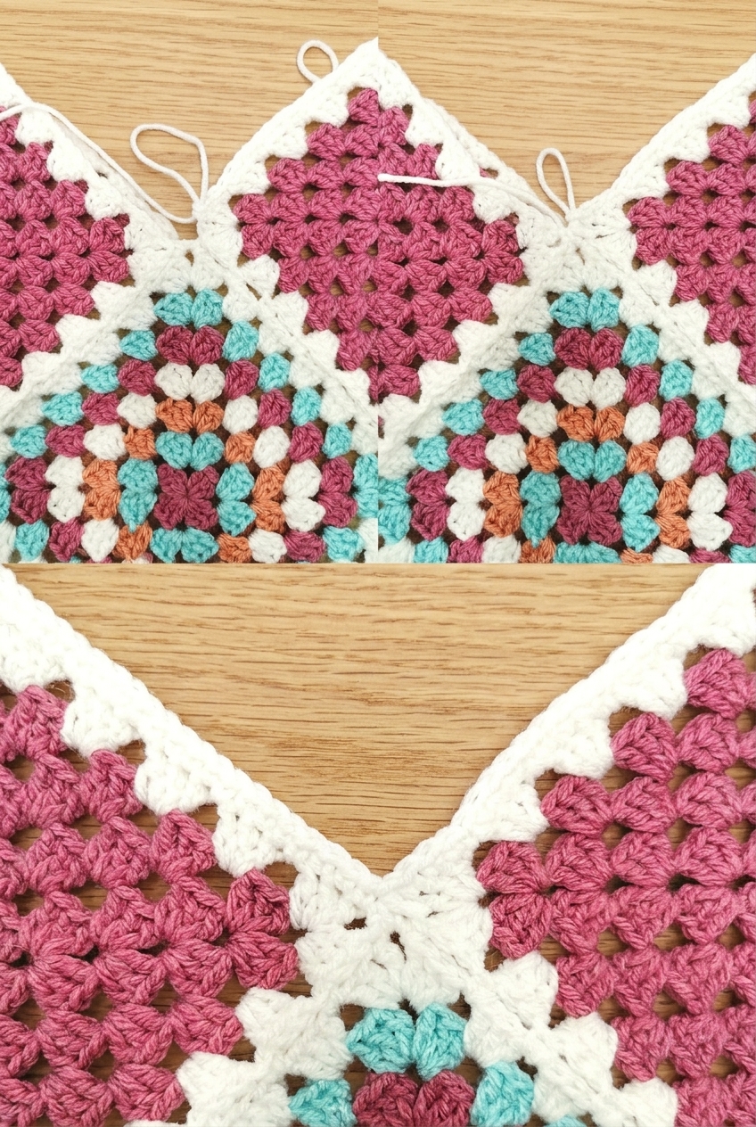 Four-step photo tutorial showing how to crochet sc3tog in the valley of the granny square tote bag