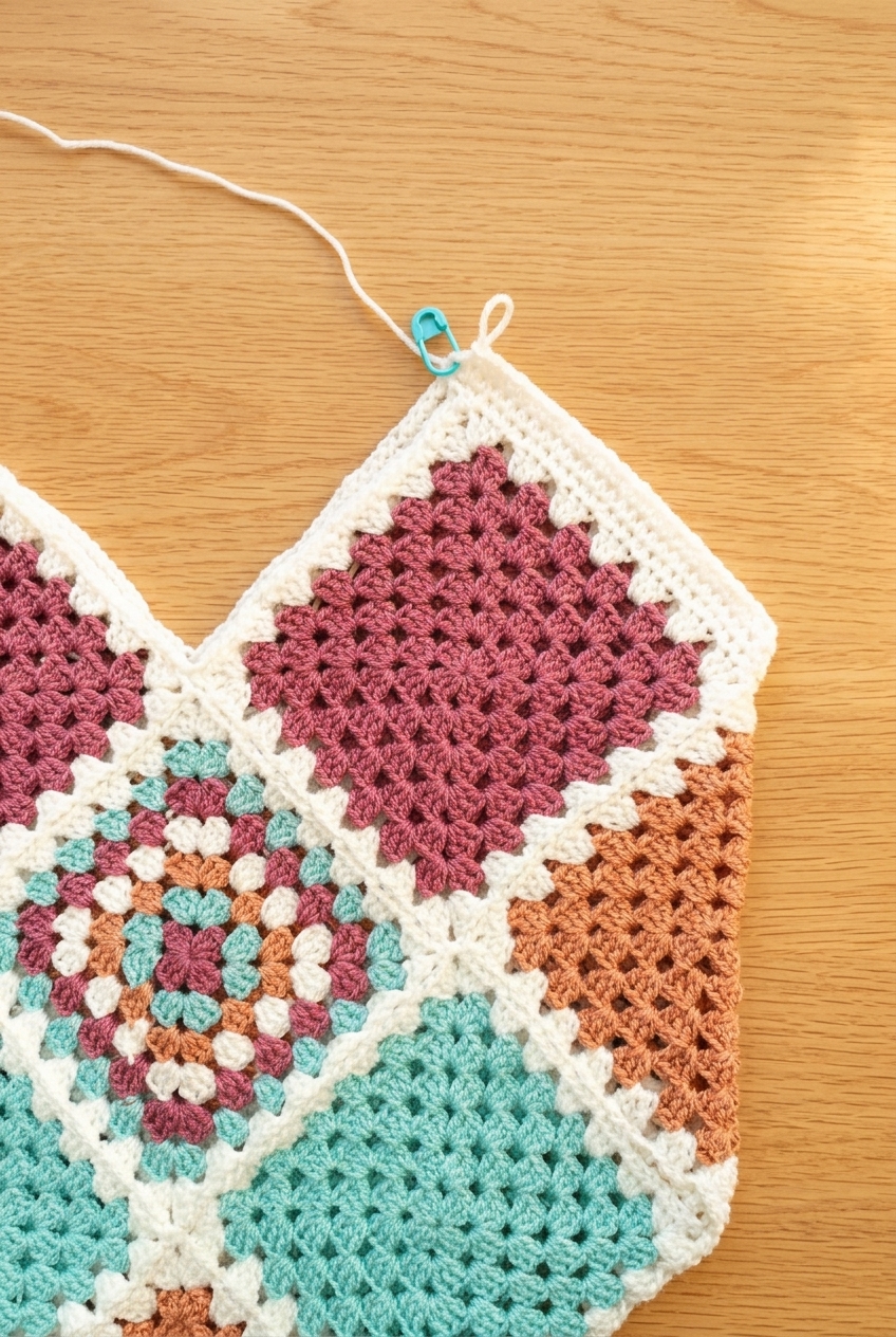 Close-up of the 3 rows of single crochet shaping on the side of the granny square tote bag