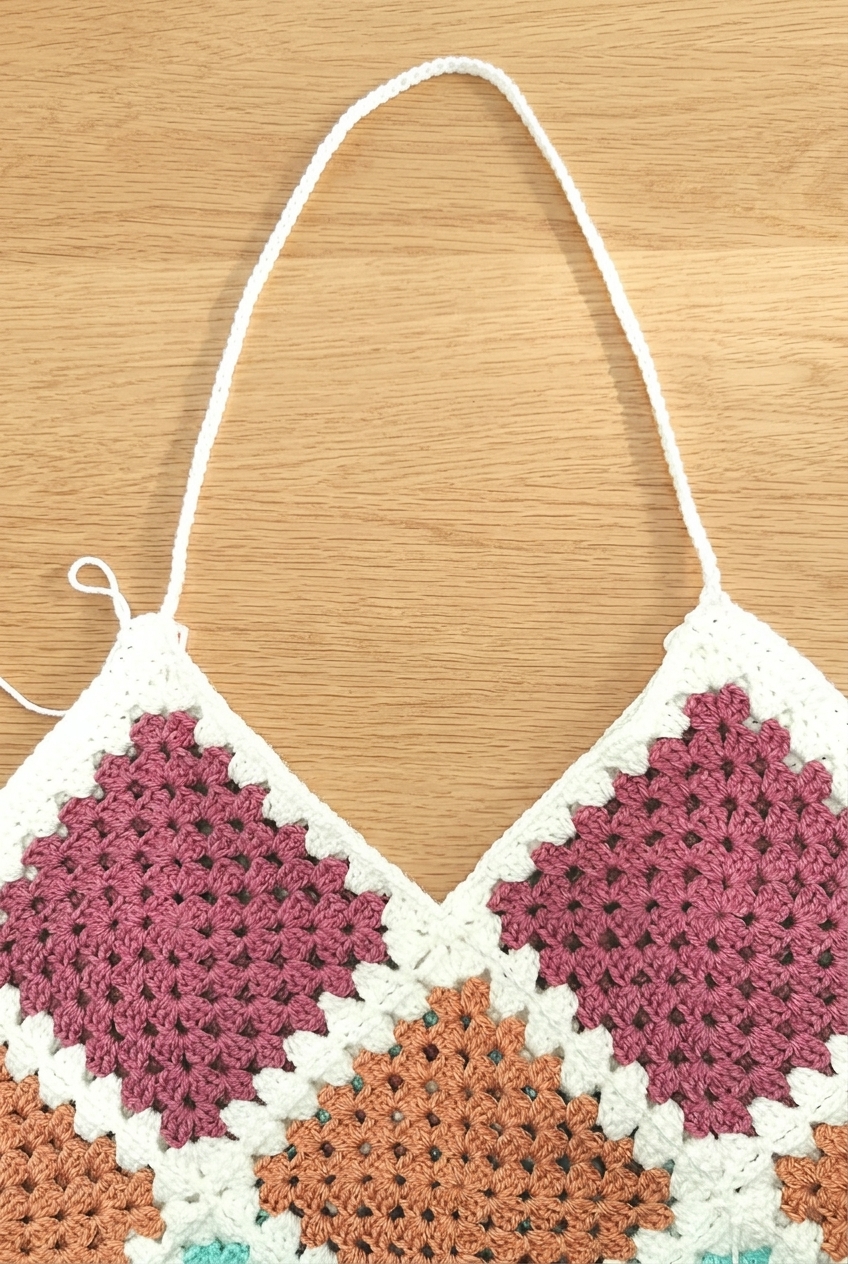 Crocheting the 120-chain strap and connecting it to the next peak on the granny square tote bag