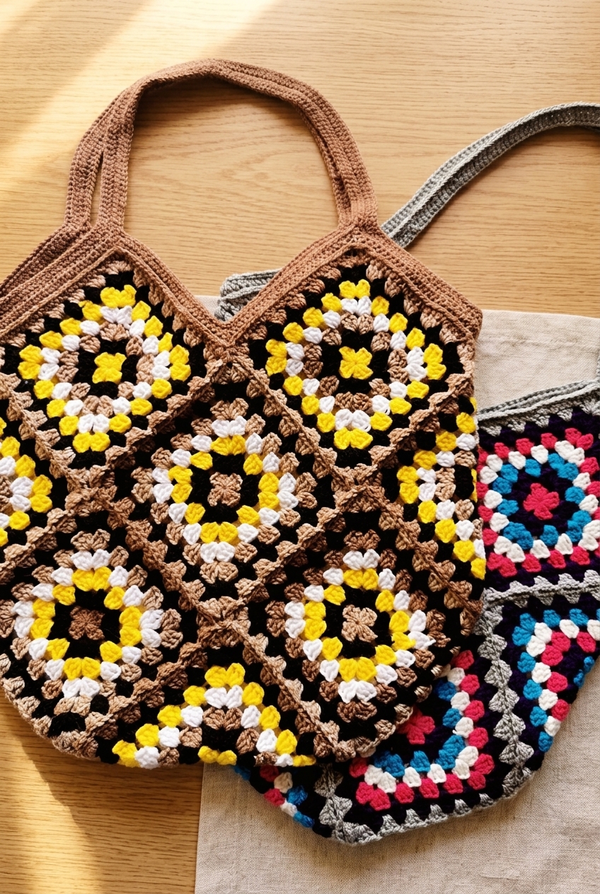 Two granny square tote bags in blue and brown colorways on a wooden table