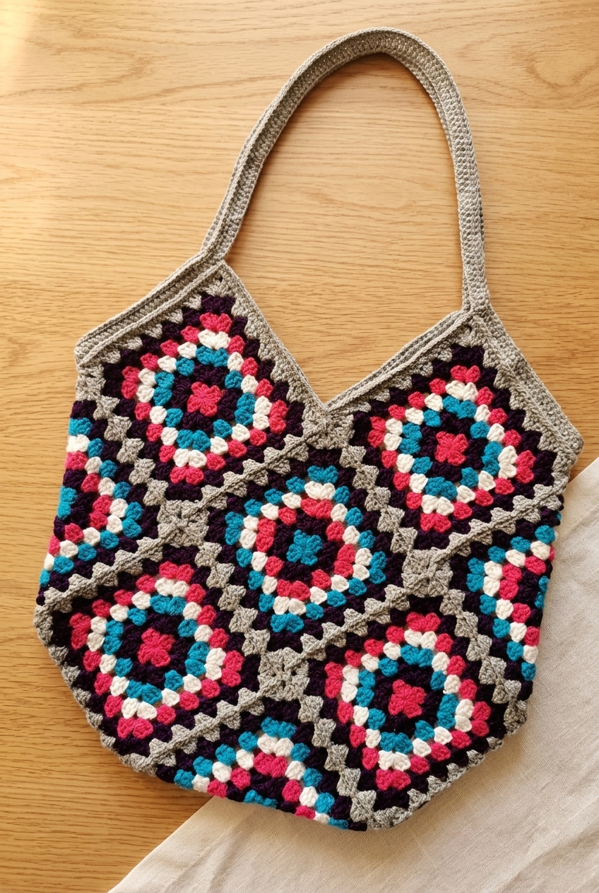 Grey, pink, and cream granny square tote bag styled on a warm wooden table