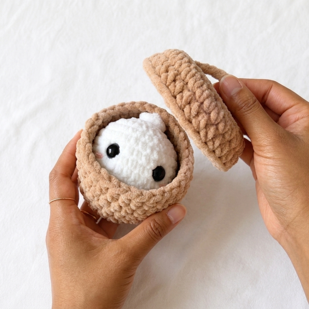 Hands lifting the lid off a handmade crochet steamer basket to reveal a plush white bao dumpling inside