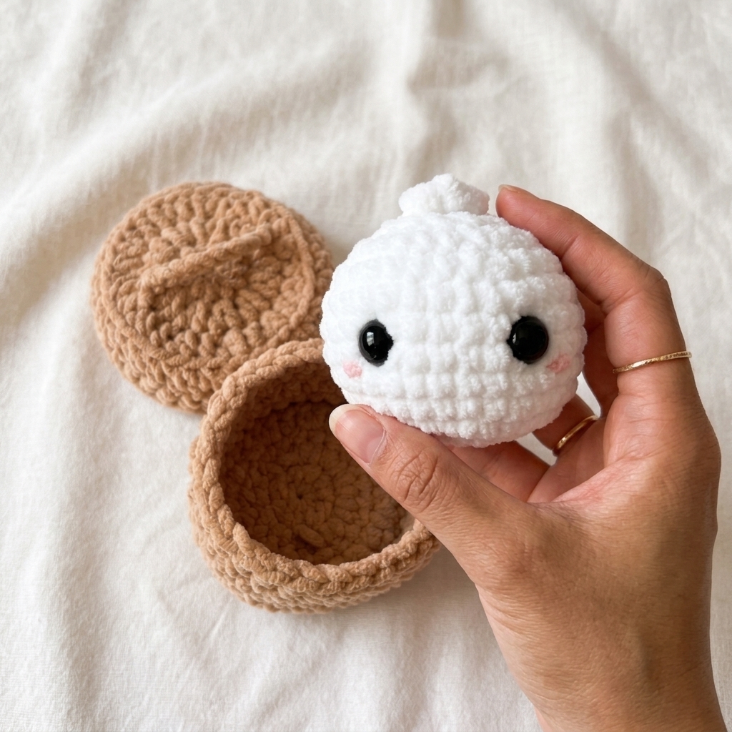 Hand holding the finished Part 1 no-sew crochet dumpling pattern plushie above the open steamer basket