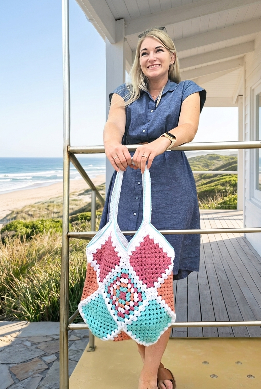 Pastel granny square tote bag held near a wooden beach house