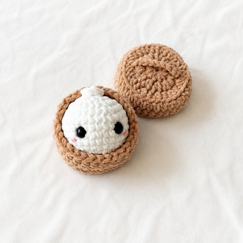 Cute white plush dumpling sitting inside the finished brown steamer basket base with lid beside it