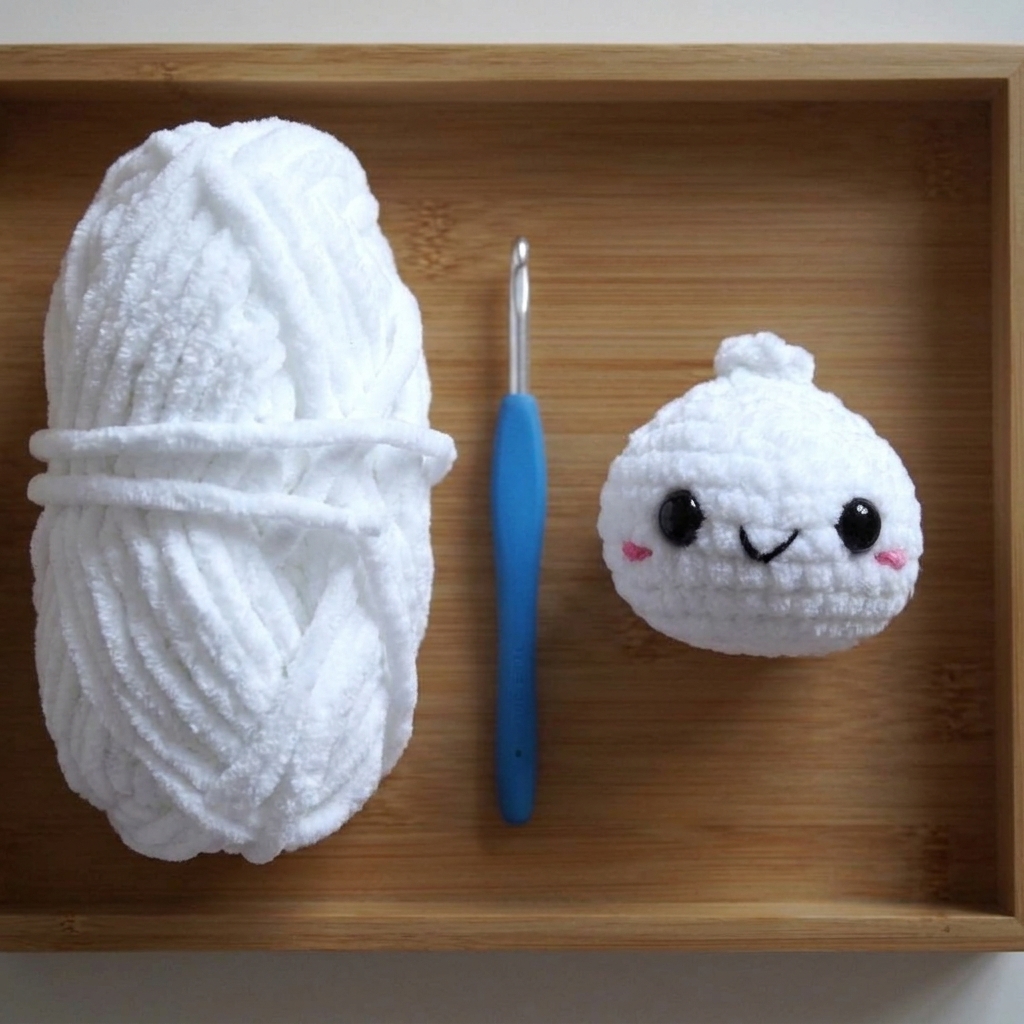 White chenille yarn skein and blue 5.0mm hook beside a finished crochet dumpling pattern plushie